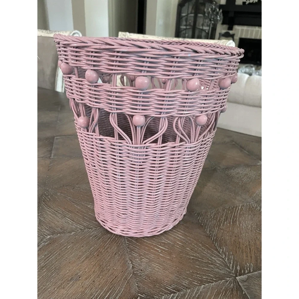 Vintage  Pink Beaded Wicker Rattan Woven Waste Basket Trash Can Bin